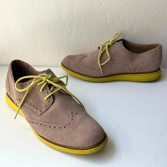 Cole Haan Alisa Lunargrand Wingtip Oxfords Women's 7.5 Tan Neon Suede Preppy - Picture 1 of 14